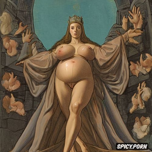 altarpiece, halo, holding a sphere, robe, crown radiating, pregnant