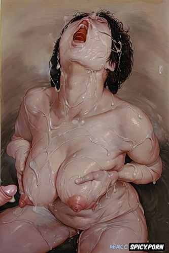 glistening skin, drooping breasts, french realism masterpiece painting