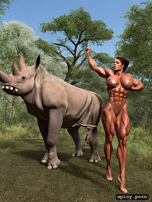female strenght, perfect face, photorealistic, nude muscle woman vs rhino
