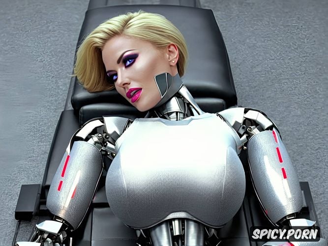 internal robotic parts visible in the abdomen, sexy blonde robot with fully metallic body and huge tits