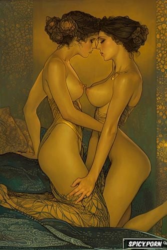 candle and candlelight, touching breasts, art deco, klimt, 2 women in darkened bedroom with fingertip nipple