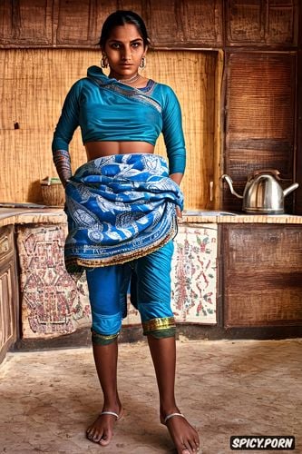 young tiny thick gujarati villager teen beti standing in the kitchen shifting clothes to open her butthole with her back to the camera