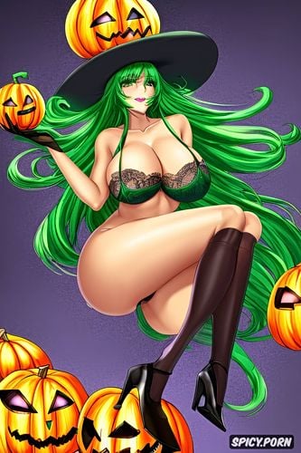 curvy body, long legs, 18 years old, halloween, full body, green hair