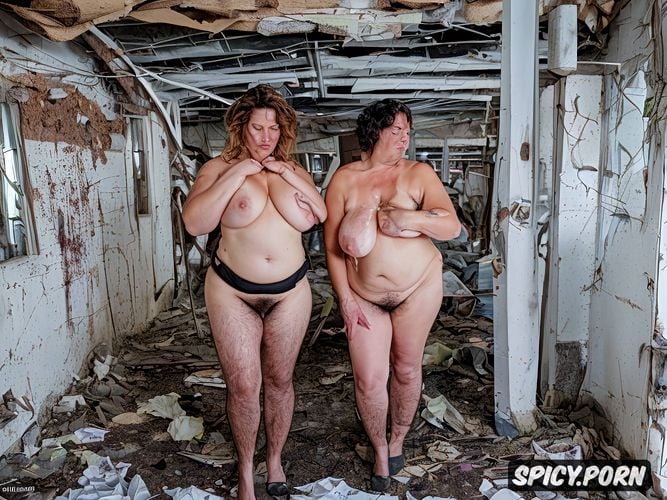 garbage, super hairy pussy, tangled abundant pubic hair, visible fat floppy boobs white twins