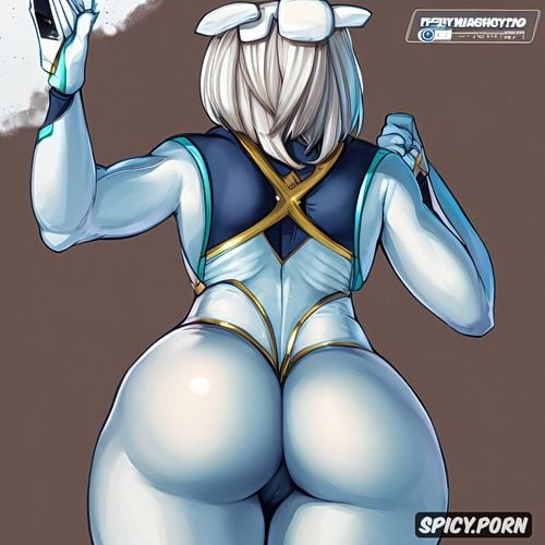 thick thighs, masterpiece, screen visor, best quality, white hair