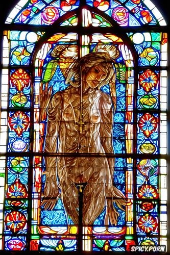 stained glass windows, glasses, detailed face, pissing pussy