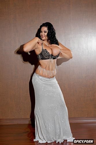 half view, gorgeous persian belly dancer, front view, laughing