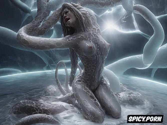 no morphing arms, ahegao, highres, alien, high heels, tentacle restrained woman