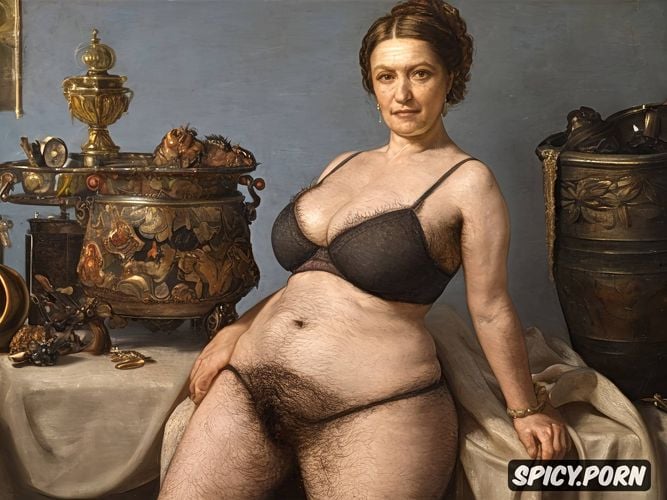 centered, garbage dump perfect face, full body, photorealistic short haircut incredibly hirsute woman very hairy pussy very hairy armpits very hairy legs very hairy inner thighs over hairy crotch rusty trash container folds on the belly sitting on a dirty floor actress bea cummins