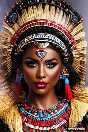 fantasy aztec queen beautiful face flawless skin long soft dark black hair in a braid aztec feather crown no make up full body shot