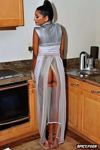 leaning forward, stealthily providing saree upskirt while she cleans the kitchen