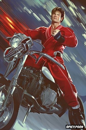 loose garment, male, red karate suit, capcom videogame, riding motorcycle