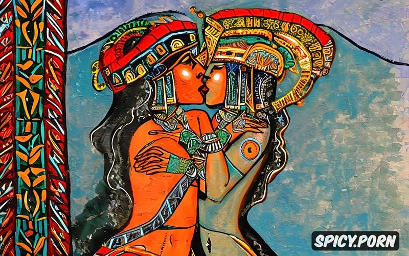 lesbian couple kissing, ancient aztec