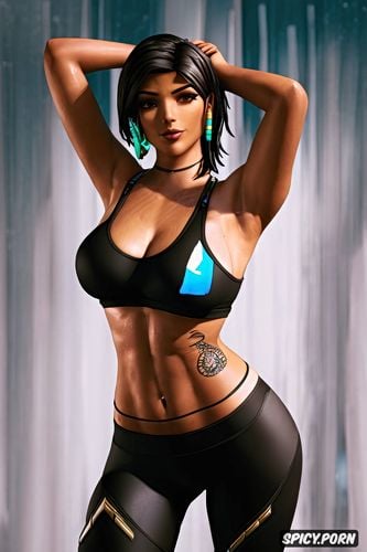 ultra detailed, ultra realistic, pharah overwatch beautiful face milf tattoos black sports bra tight black yoga leggings busty smirking portrait