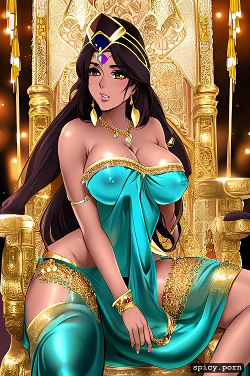 brown, princess jasmine, sitting on throne, spreading legs, topless