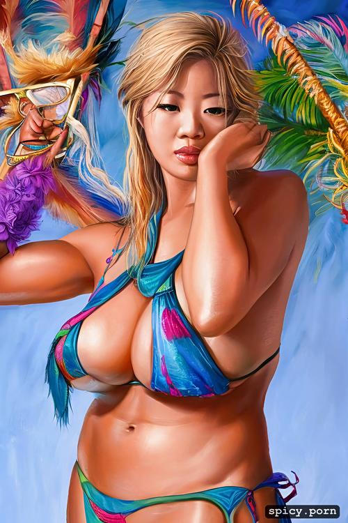 bikini, muscular body, blonde hair, asian lady, intricate hair