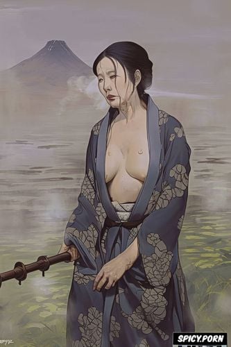 small perky breasts, color photography, old japanese grandmother