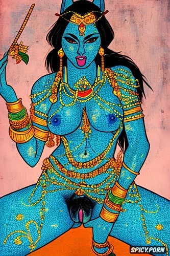 busty tits, upset expression, indian jewelry, small blue breasts