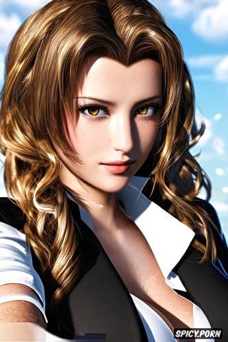 aerith gainsborough final fantasy vii black blazer white shirt shirt unbuttoned beautiful face young