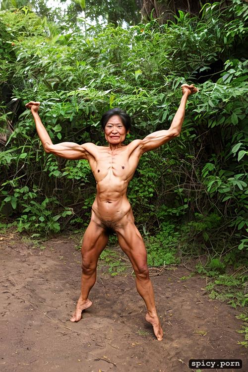 thai granny, muscular arms, flexing arms, hairy pubis, unmatched strength