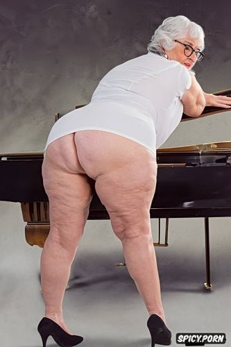 seriuos face, angry face, huge ass, fat, white blouse, black shoes