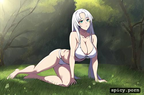 white hair, white bra, hands on lap, looking at camera, kneeling on grass