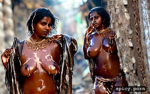 cum covered, slum woman, oily and shiny, standing, potrait, sexy indian black woman