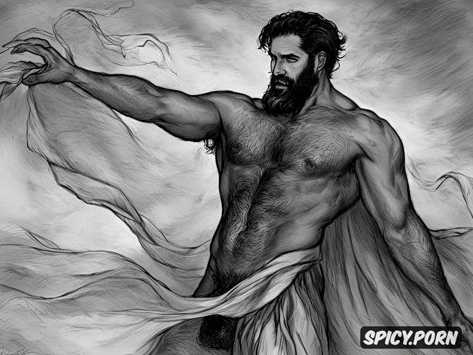 intricate hair and beard, artistic sketch of a bearded hairy man wearing a draped toga in the wind