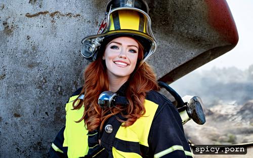 firefighter, 22 year old woman, fair skin, petite, real engine