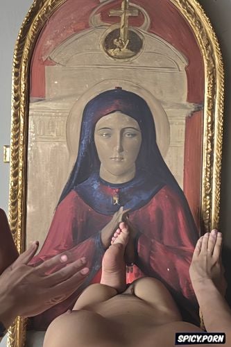 teen innocent face, pov holy saint mary, wearing red tunic, poor ancient room