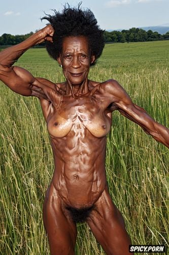thin arms and body, fully nude, crackhead granny, full frontal image