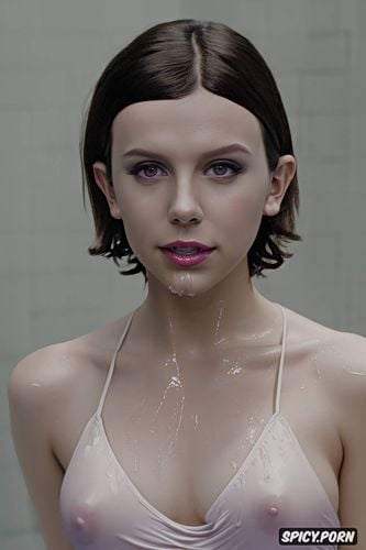cute, millie bobby brown, bellybutton wet clothes, nipples, cum on body
