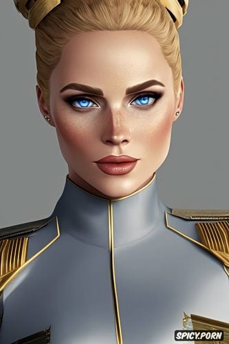 elara dorne star wars the old republic beautiful face pale skin golden blonde hair in a high bun soft blue eyes tight military officer uniform