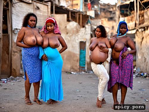 in busy filthy slum, traditional arabic dress, beautiful, huge nipples