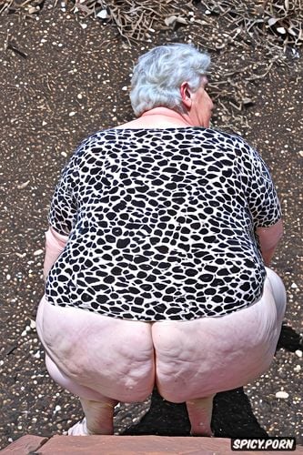 rear view, squatting, white granny, pastel colors, naked, hyperrealistic pregnant pissing cellulite thighs blonde short haircut