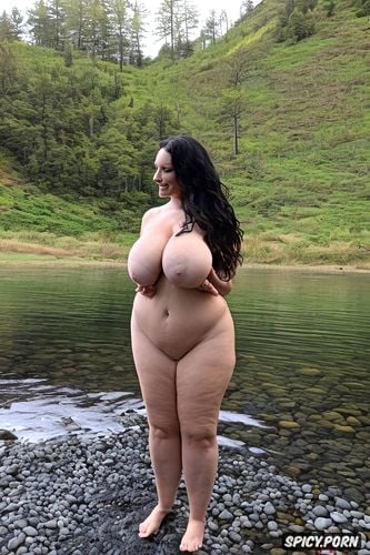 color photo, huge natural breasts, front view, lake front in the mountains