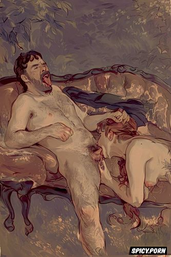 husband and wife on couch, dracula, impressionism painting style