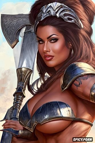female barbarian, stunning face, large biceps, curvy body, fantasy