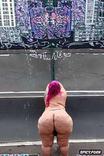 vibrant, intricate pink hair, hands on hips, view from below