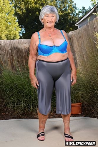 shapely, wrinkled, posing sexy, saggy tits, background patio