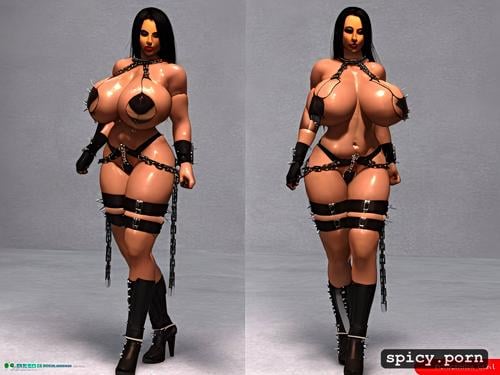 oiled ultrahorny muscular nigerian woman showing her pussy and ass wearing oiled leather harness and heavy chains huge enormous boobs