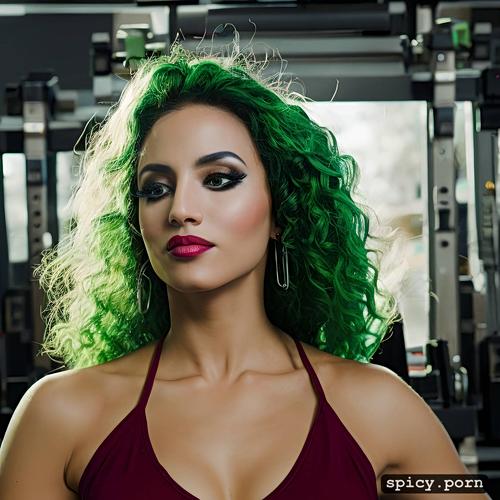 skinny body, medium tits, dominatrix, curly hair, in gym, green hair