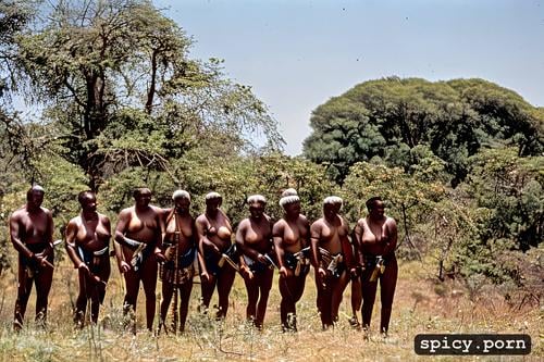 full dressed, totally naked, napoleonic wars soldiers, fat, on a masai village