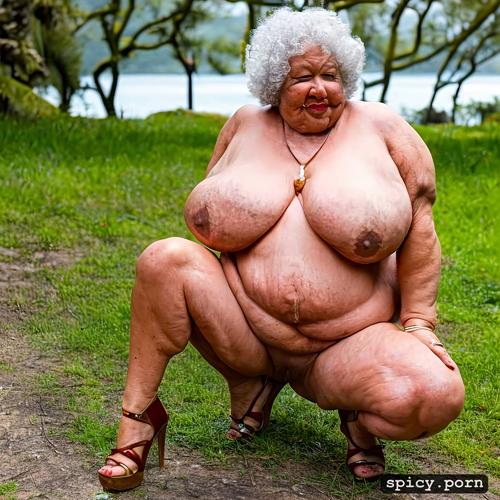 big red lipps, full body, thick body type, fat granny, 70 year old