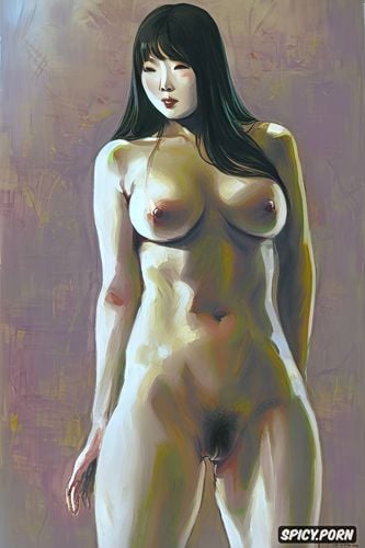 hourglass body, elderly japanese woman long hair, highres, postimpressionism painting
