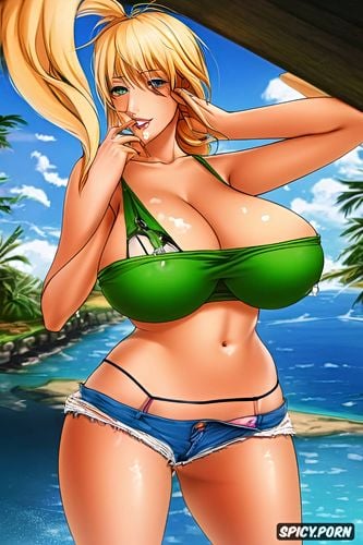 jean shorts, face full of cum, adheago, blonde hair, huge nipples