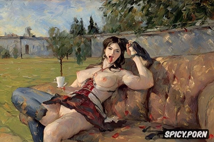 vampire, couch, impressionism painting style, nude, garden, open mouth