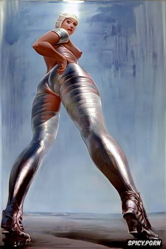 pyotr krivonogov oil painting, female officer, space age, fat thighs