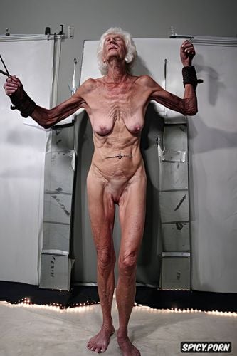 geriatric elderly woman, restrained, extreme skinny, ninety