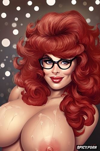 veiny tits, sophia loren, red curls, big hexagonal glasses, saggy